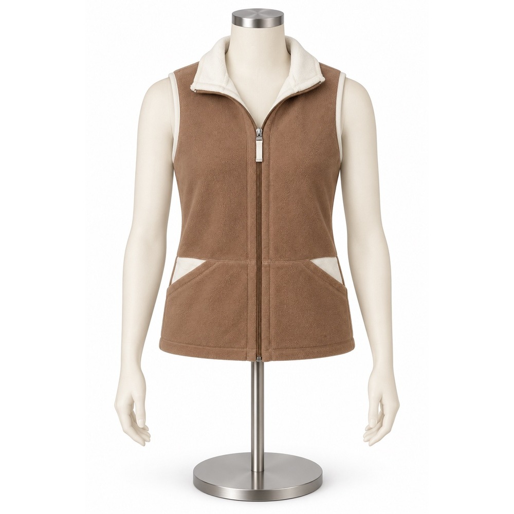 Casual Corner Annex Petite Fleece Vest Tan Brown Cream Zip Pockets Medium M